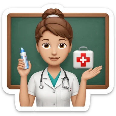 happy teacher with white board brown hair updo, first aid shirt sticker