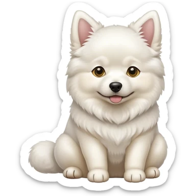 a big samoyed dog sitting down holding a yellow chihuahua sticker