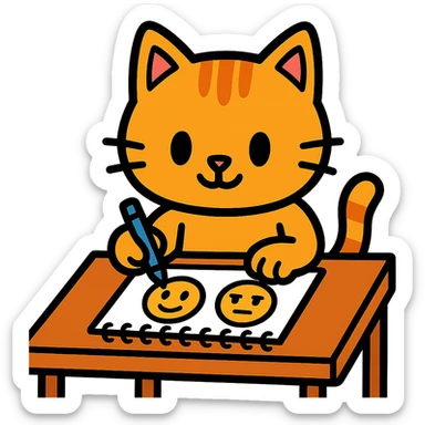 cute cartoon kitty sitting at a desk, drawing emoji faces sticker