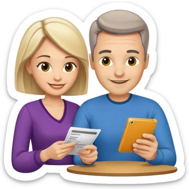 casually dressed stylish  looking husband and wife in their 40s avatars reviewing their finances together  sticker