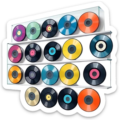 Icon for Vinyl Record Collecting: colorful vinyl records in decorative packaging featuring artist images, neatly arranged on a wall or shelf. The icon should reflect the aesthetic and artistic aspect of collecting vinyl records. Transparent background. sticker