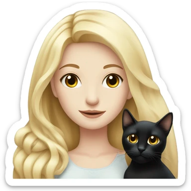 pretty woman with pale skin, very long blonde hair  hugging a black cat sticker