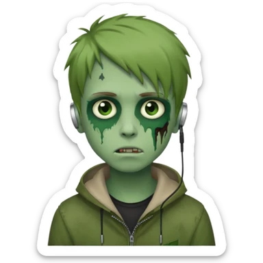 boy zombie with light brown emo hair and green skin and earpods emoji sticker
