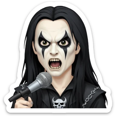 Black metal musician with corpse paint, long hair, screaming with mirophone sticker