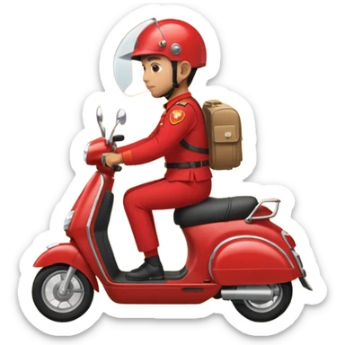 A man in red uniform on a red scooter with space in the back for cargo sticker