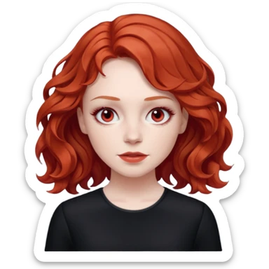 Julia Grant from Summer of Fear with medium red wavy hair, black outfit, white and red eyes sticker