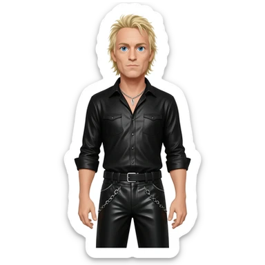 James Hetfield with blue eyes, blonde hair, black metallic shirt, black metallic baggy pants, silver necklace sticker