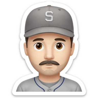 white young male with small dark brown goatee beard and moustache with grey tones wearing a grey baseball cap backwards with hazel eyes sticker