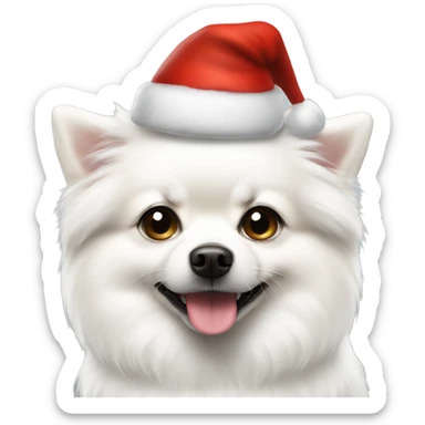 White dog pomeranian shpitz with small black eyes wearing Christmas hat  sticker