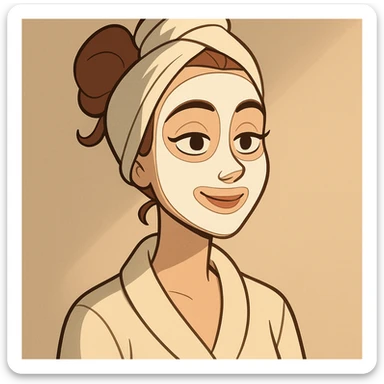 lady with a white spa face mask, headband, soft lighting, elegant, minimal background sticker