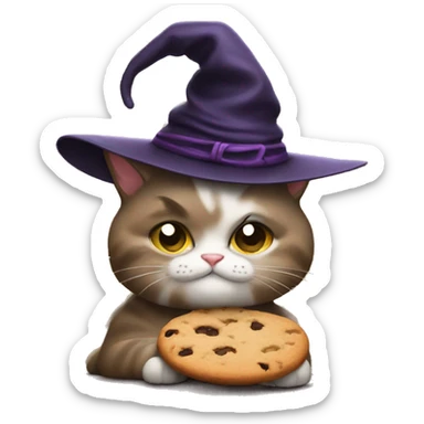 Cat wearing a witch hat thinking about cookies  sticker
