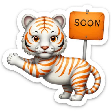 White Tiger. He is holding a sign with SOON - written on it. Let him have 4 paws, not more. sticker