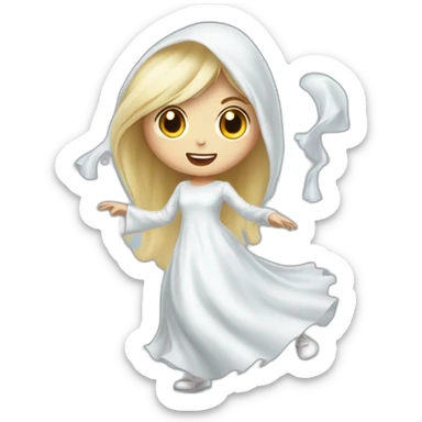 a blondie girl dressed as a ghost moving up the floor going to a party sticker
