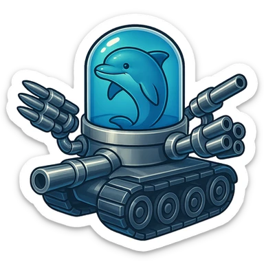 Menacing dolphin in a water tank mounted on tank treads, with a lighter shiny metallic look and less grainy texture. Blue water in the tank. More forward-facing missiles and large guns. Retro sticker style with no border. sticker