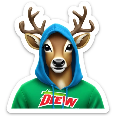 10 point buck with blue hoodie on drinking a Mountain Dew sticker