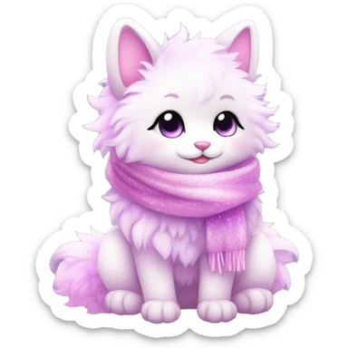 Kawaii cute gorgeous colorful sparkly bright light pastel lilac-pink-white-gradient fantasy ethereal fluffy fursona animal creature with a cute scarf full body sticker