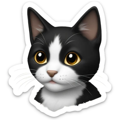 Small black-furred short-haired cat with white fur on her chest and all-black head sticker