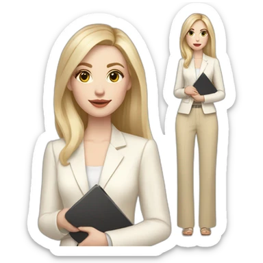 Full height pale skin woman with blonde Straightened Hair to shoulders, White classical jacket, beige Palazzo pants holding a color palette in the hands sticker