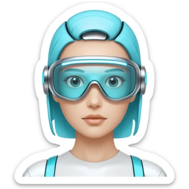 3D render of Digi-Visor, futuristic cyborg aesthetic, fusion of organic skin and chrome metal, sleek white plastic eyewear with a cyan glowing strip, isolated on white background --v 6.0. sticker