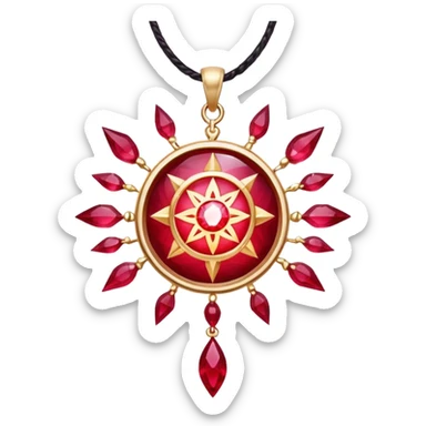 ruby pendant radiating luminous aura, celestial being forming inside, surrounded by floating runes sticker