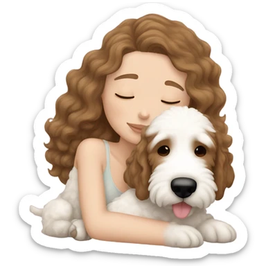 White girl straight  brown hair sleeping with cream golden doodle puppy  sticker