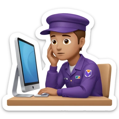 emoji of a man sitting at the table with an imac on it, a man is sitting in a very thoughtful pose, he has his hands on the table and his head resting on themб he look into the screen of imac, he is dressed in FedEx uniform with a cap sticker