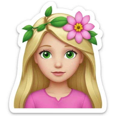 Girl profile picture with long blonde hair and green eyes and a flower in her hair. and a pink outfit sticker