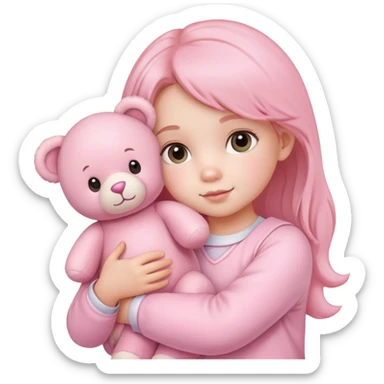 cute toddler girl with pastel pink clothes holding a pink teddy bear sticker