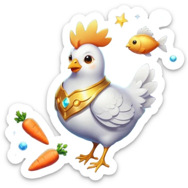 Magical ethereal chicken, fish, and carrot floating in a cosmic space, connected by golden energy beams to a healthy eye, radiant skin, and glowing immune shield sticker
