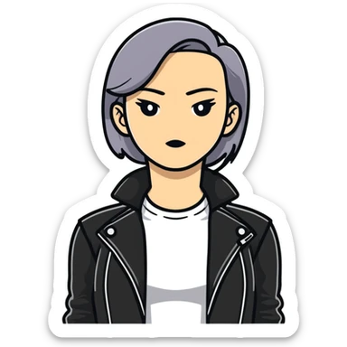 female character with oval-shaped flat-top head wearing a tight-fitting elbow-length black leather jacket sticker