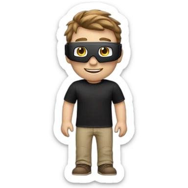 Generate an emoji of a young guy wearing apple vision pro virtual reality glasses with a charismatic smile. The young has pale skin with brown hair and wears a black t-shirt. sticker