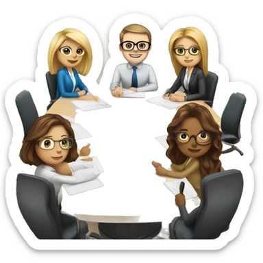 meeting table with 6 people seated two men, both width buzcuts and glases, two blonwimen with long hair, two brownhaired women with long hair and one brown haired woman with short hair sticker