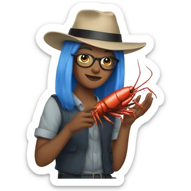 Subaru driving blue haired non binary wearing a fedora holding a crawfish sticker