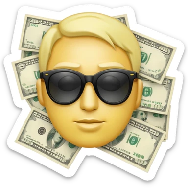 yellow head emoji with dollar bills for eyes, wearing slightly transparent black sunglasses, money symbols on face sticker