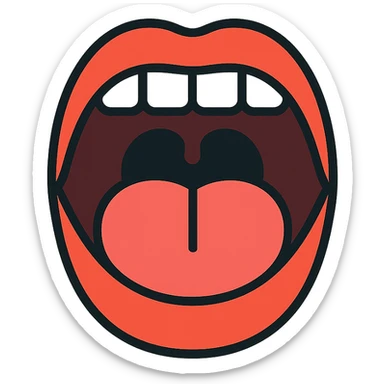 Schematic open mouth with visible tongue, symbolizing speech articulation and sound practice. Vector style, clean and sharp lines. Include realistic shadows and light reflections for depth. Minimalistic, educational design. Transparent background. High contrast between tongue, teeth, and lips for clarity. Flat illustration with soft shading, suitable for speech therapy materials sticker