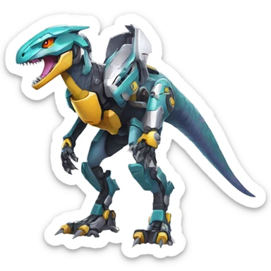 Colorful Edgy Greymon-Velociraptor-Genesect-Fakémon-Pokémon wearing a with a futuristic helmet And Mecha-suit Full Body sticker