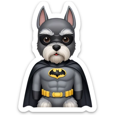 Miniature schnauzer wearing a Batman suit sticker