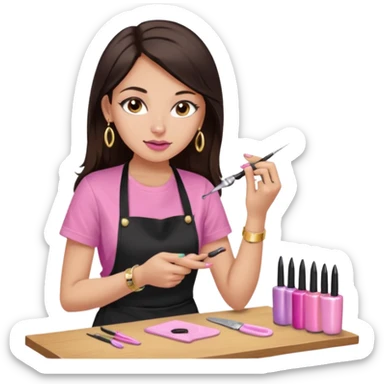 Fille cheveux long châtain foncé, peau beige type européen yeux marron, teeshirt rose avec un tablier noir, piercing au nez anneau doré, boucle d’oreille type diamant doré. Elle fait les ongles nail artiste sticker