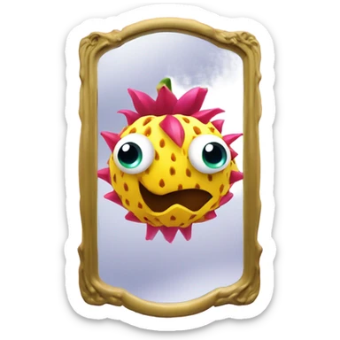 3D elegant Pitahaya with large shiny eyes 👀 one hand holds the mirror with its reflection 🪞 sticker