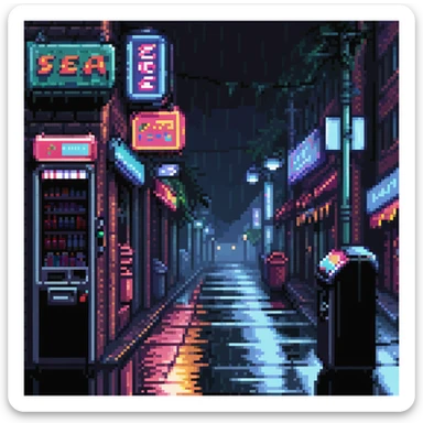 Pixel art urban street at night, side view, neon lights, vending machine, empty sidewalk, moody atmosphere, light rain reflections, trash bins, vertical 9:16 aspect ratio, Sega Genesis fighting game background
 sticker