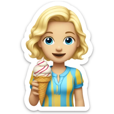 Girl with blonde hair, blue eyes, yellow striped shirt, holding vanilla ice cream cone sticker