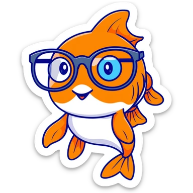 A funny orange goldfish with large glasses, making a goofy face sticker