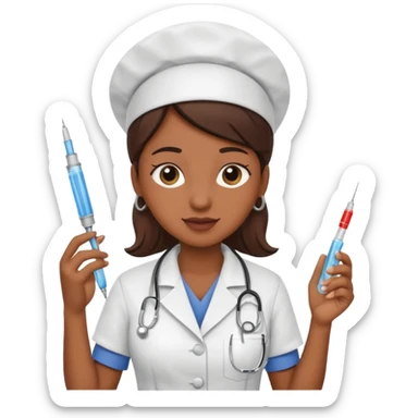 brown skin nurse holding vaccination needle sticker