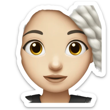 white girl with black hair holding white doodle  sticker