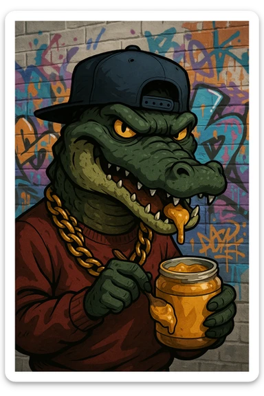 gangster alligator eating peanut butter, urban street style, gold chain, cool attitude sticker