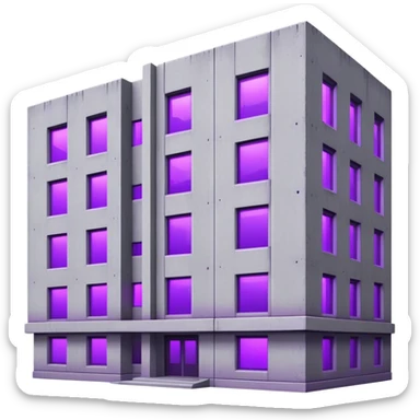 Rectangular gray concrete building with purple UV light shining from a single window, urban brutalist architecture sticker