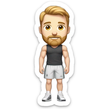 Full height Pale skinned fit man With biceps, Realistic eyes, light brown hair and very short beard In dark gray sleeveless mike, black oversize sports shorts, watch and white sneakers. sticker