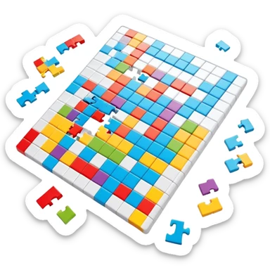 A photorealistic icon with a colorful, fragmented crossword magazine, a 3D puzzle, and a partially completed puzzle on a table. Bright, detailed design with realistic lighting. Transparent background, clearly symbolizing puzzles and brain games. sticker