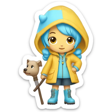 Cute little girl with light blue hair with peach skin, with yellow raincoat hooded with boots holding a shepherd staff, with a cross necklace, Sanrio design sticker