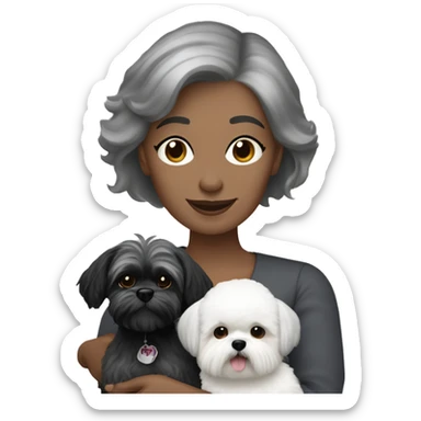 White women with short grey hair holding two dogs one black shih tzu and one white bichon frise sticker